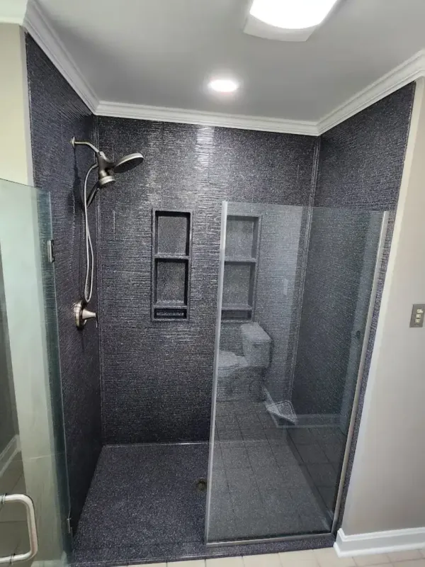 Dark textured walk-in shower with glass panel and double niche