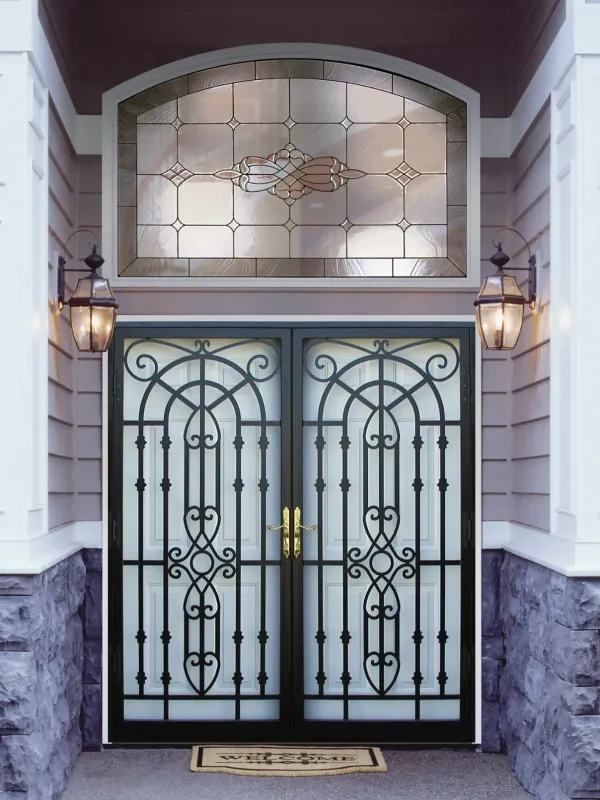 Double storm door system with decorative security grilles